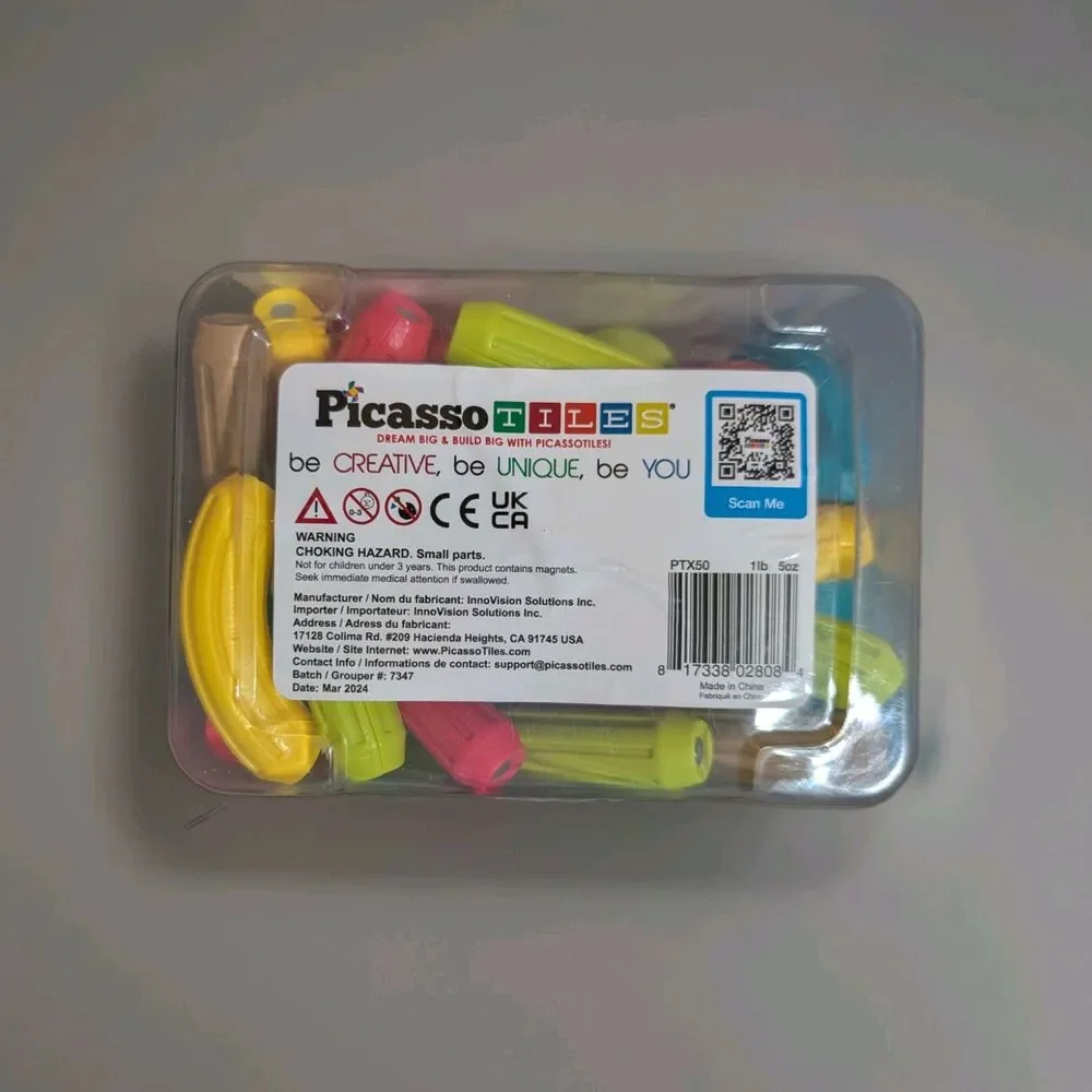 PicassoTiles 50pc Magnetic Stick Bar Building Set PTX50 - Used 49/50 Pcs W/ Bin